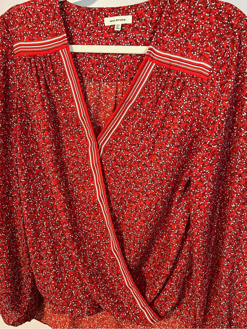 Max Studio Red Floral Print Blouse with Black Outline